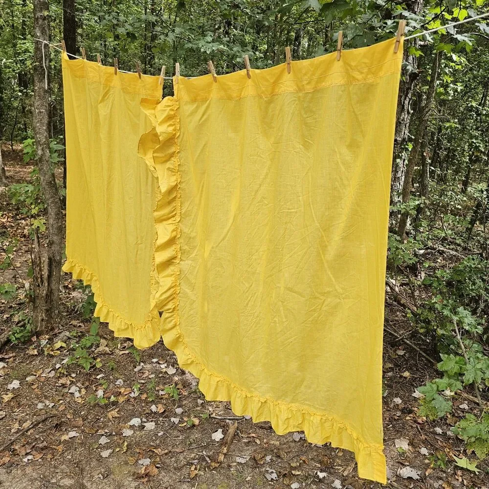 Vintage Bright Orange Yellow Ruffled Curtains Pair 47